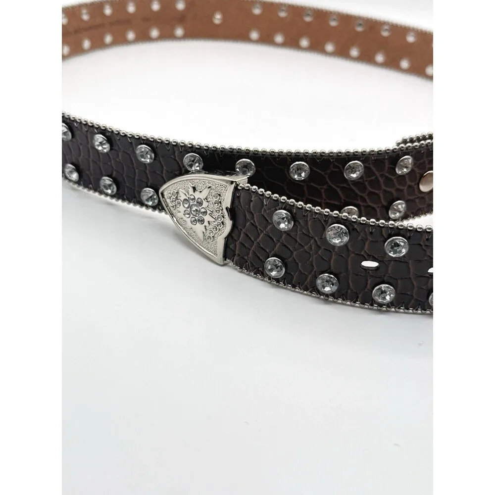 Studded Rhinestone Brown Leather Alligator Western Belt Plus‎ XXL Bling 52” READ